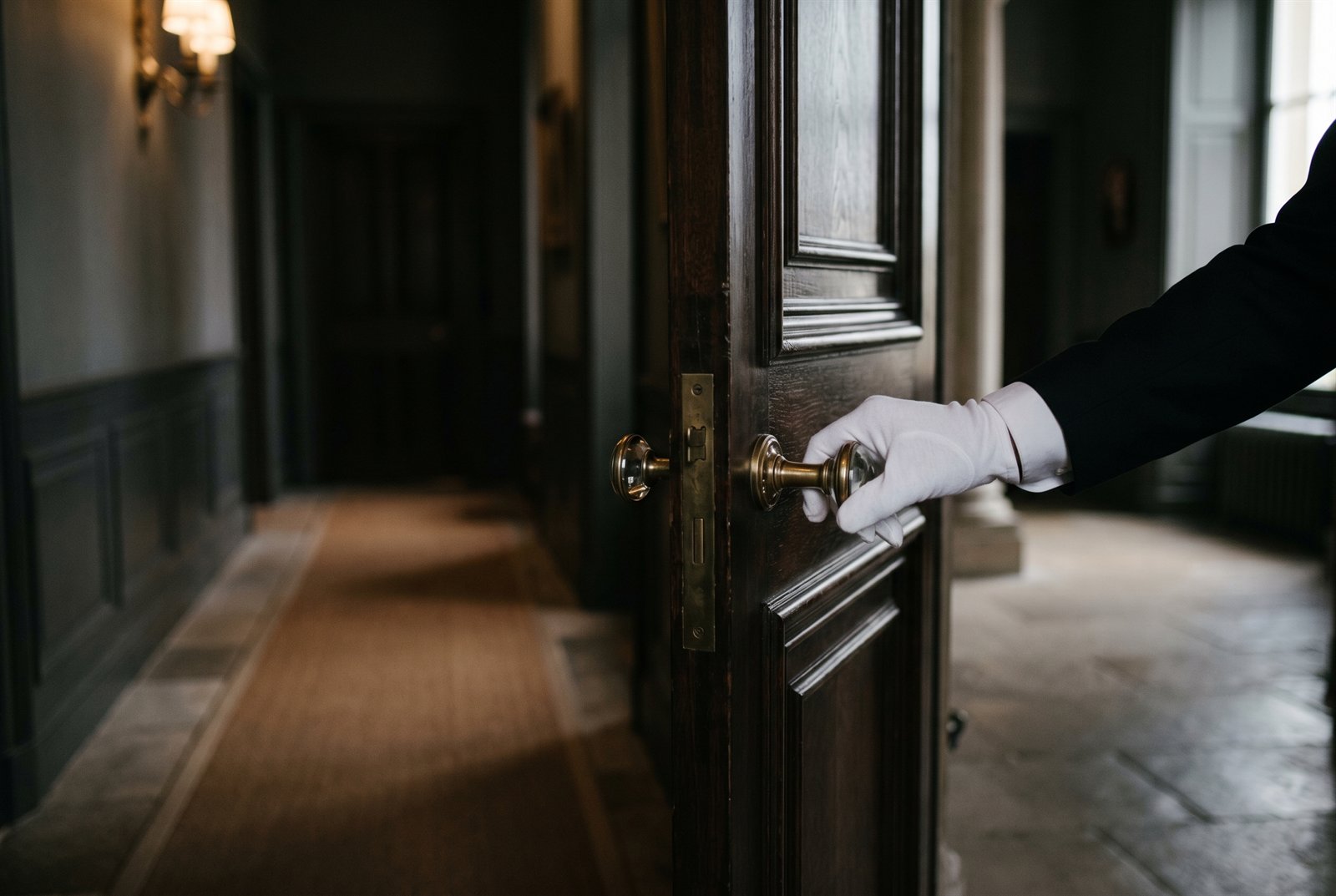 A butler quietly closing a panelled door in an elegant hallway