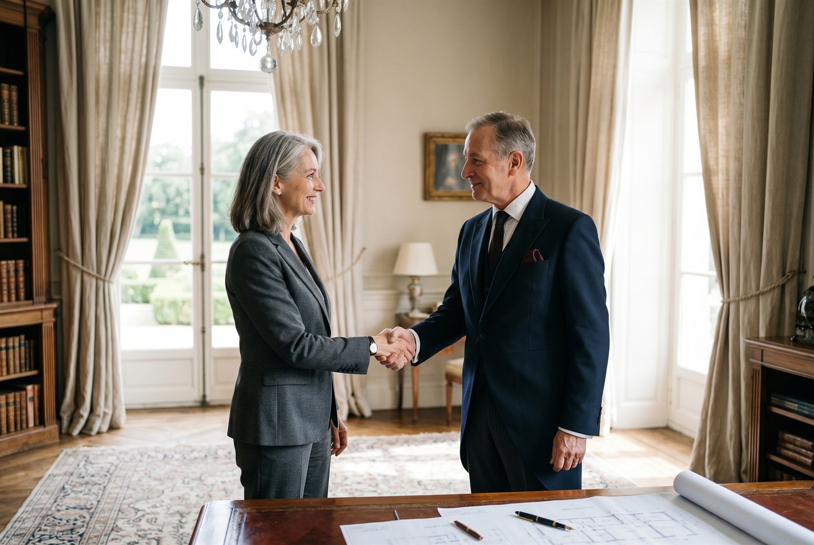A client and butler shaking hands in a sunlit drawing room