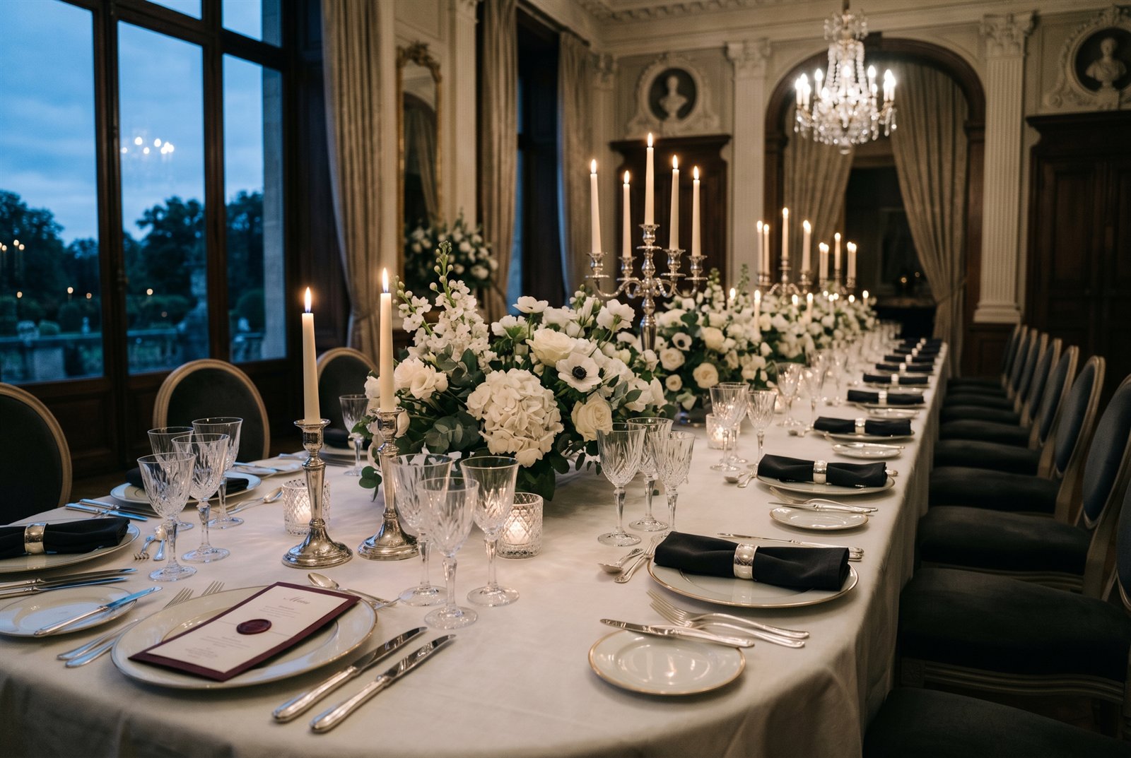 A banquet table set with candlelight for a dinner party