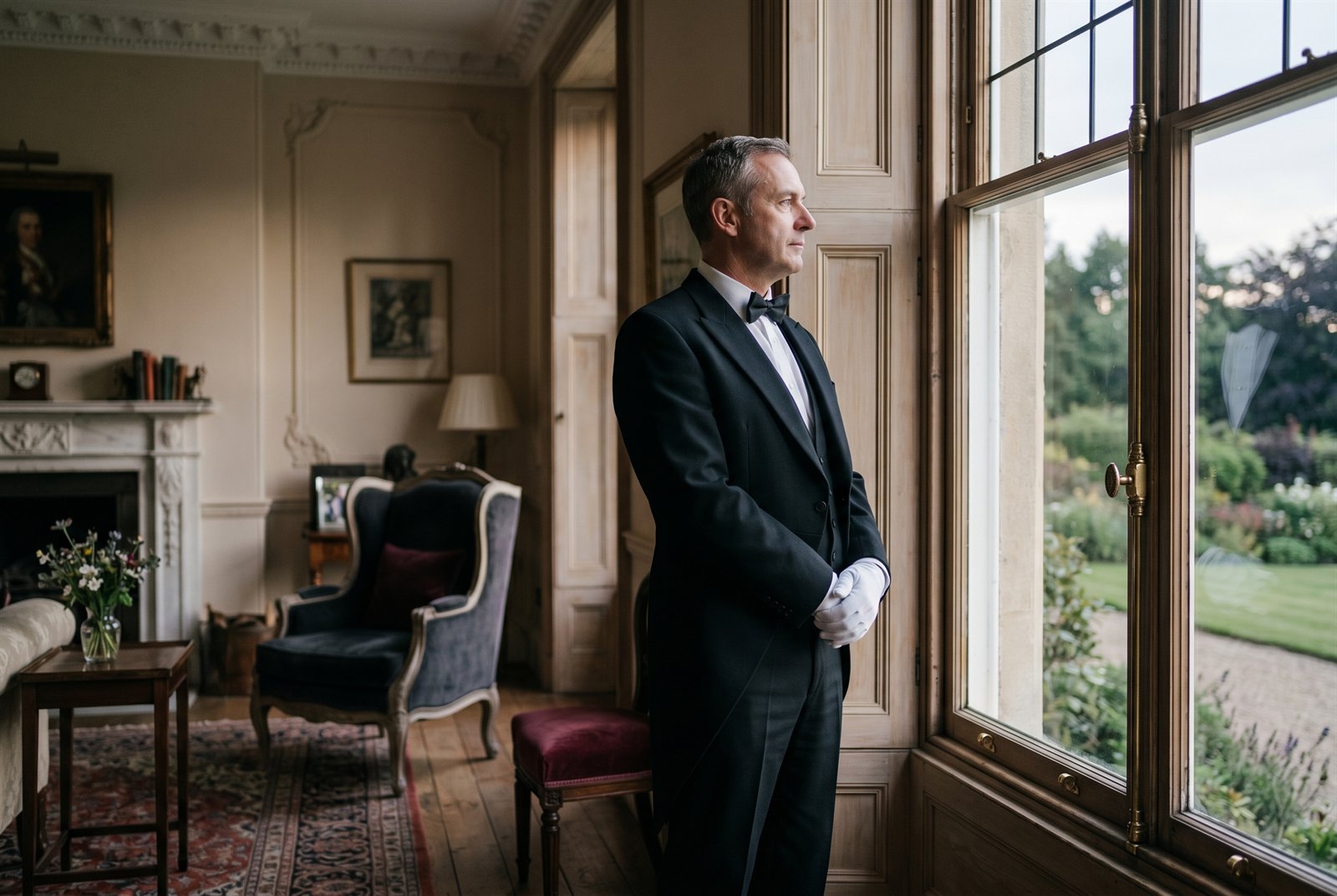 A butler in a quiet moment between service