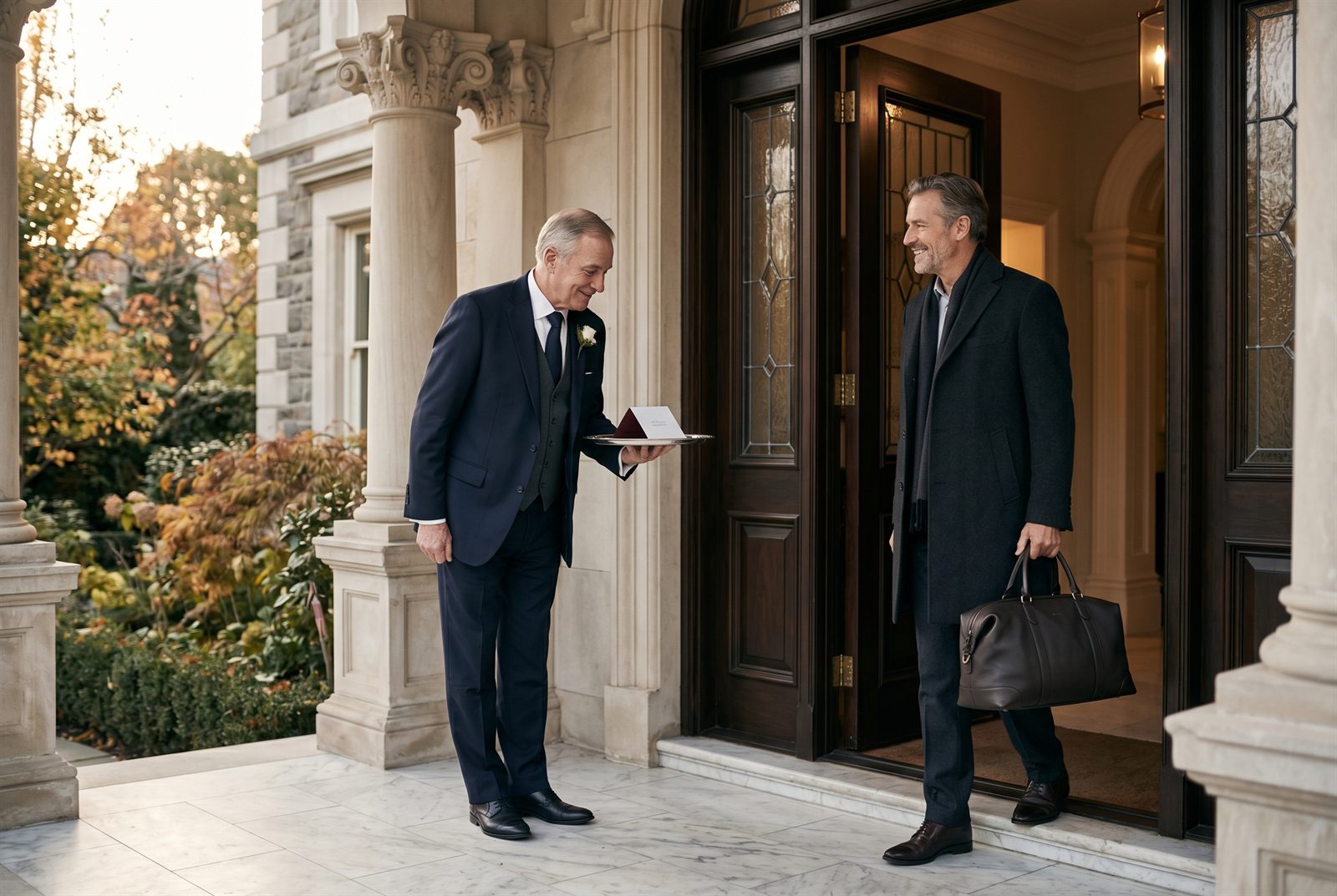 A corporate butler welcoming guests in an executive setting