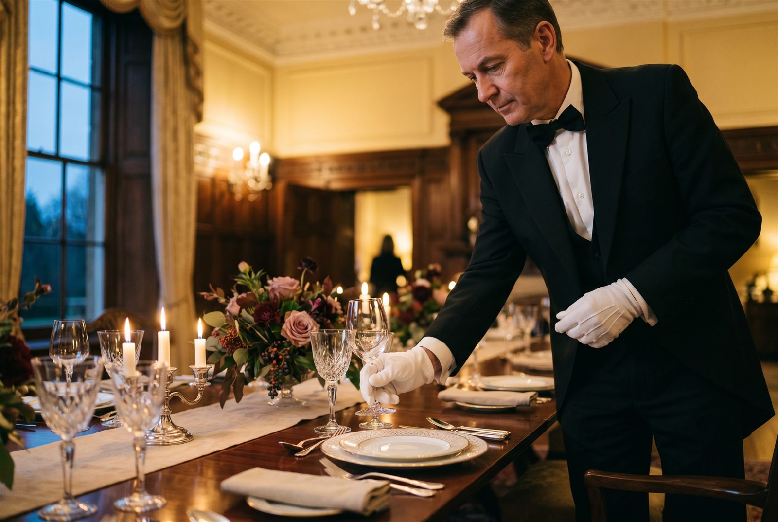 A house butler attending the table in a private residence