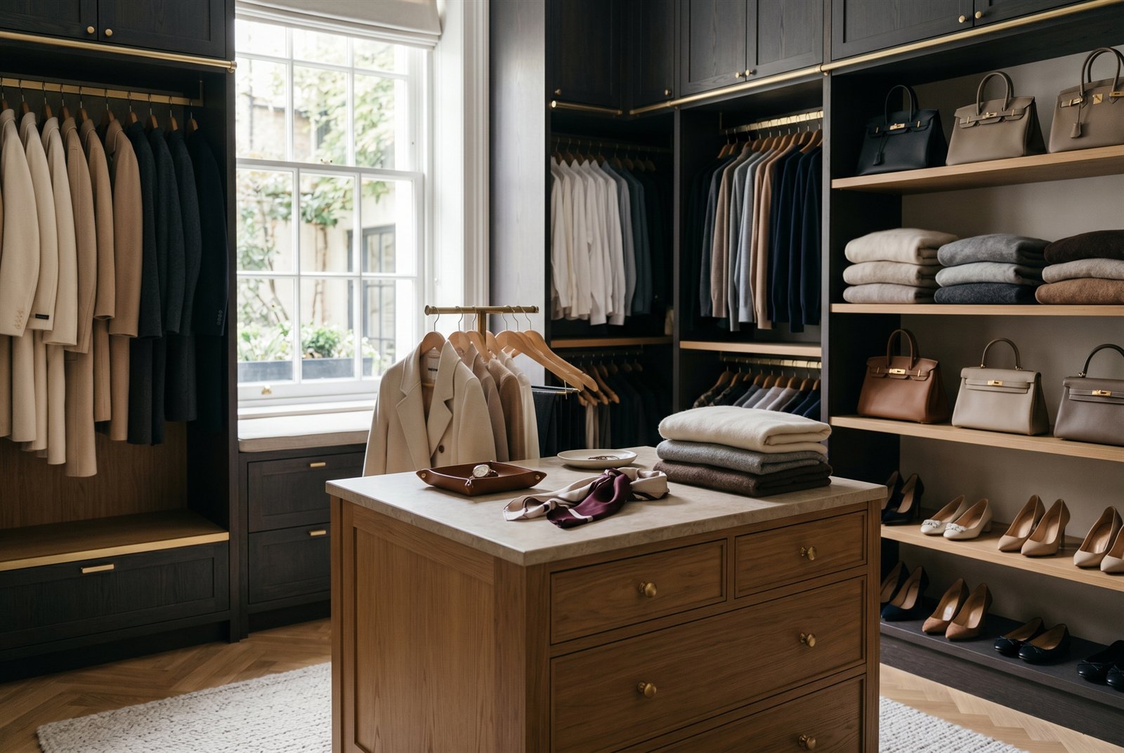 A curated, organised luxury walk-in dressing room