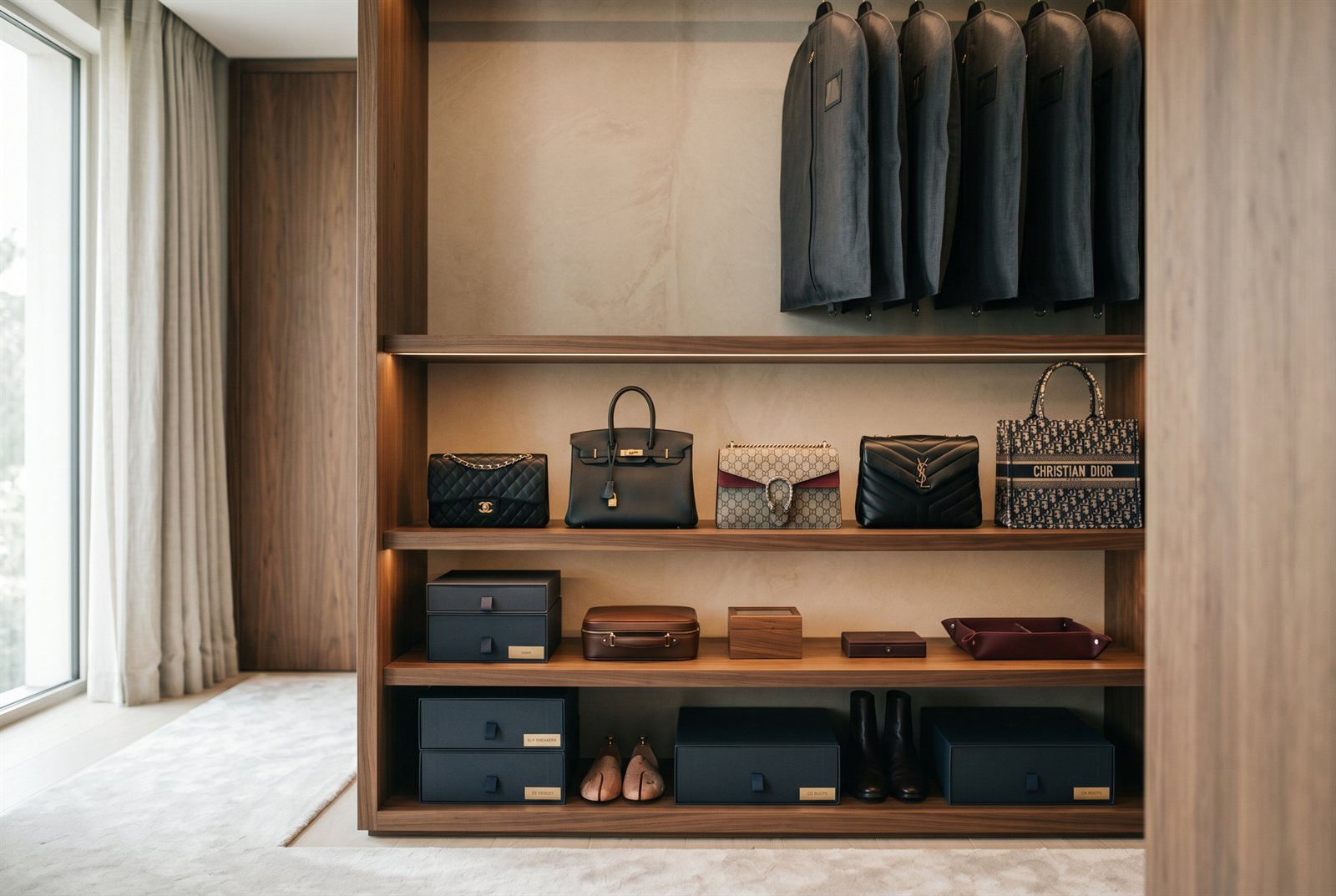Fine wardrobe storage — handbags, garment bags and accessories